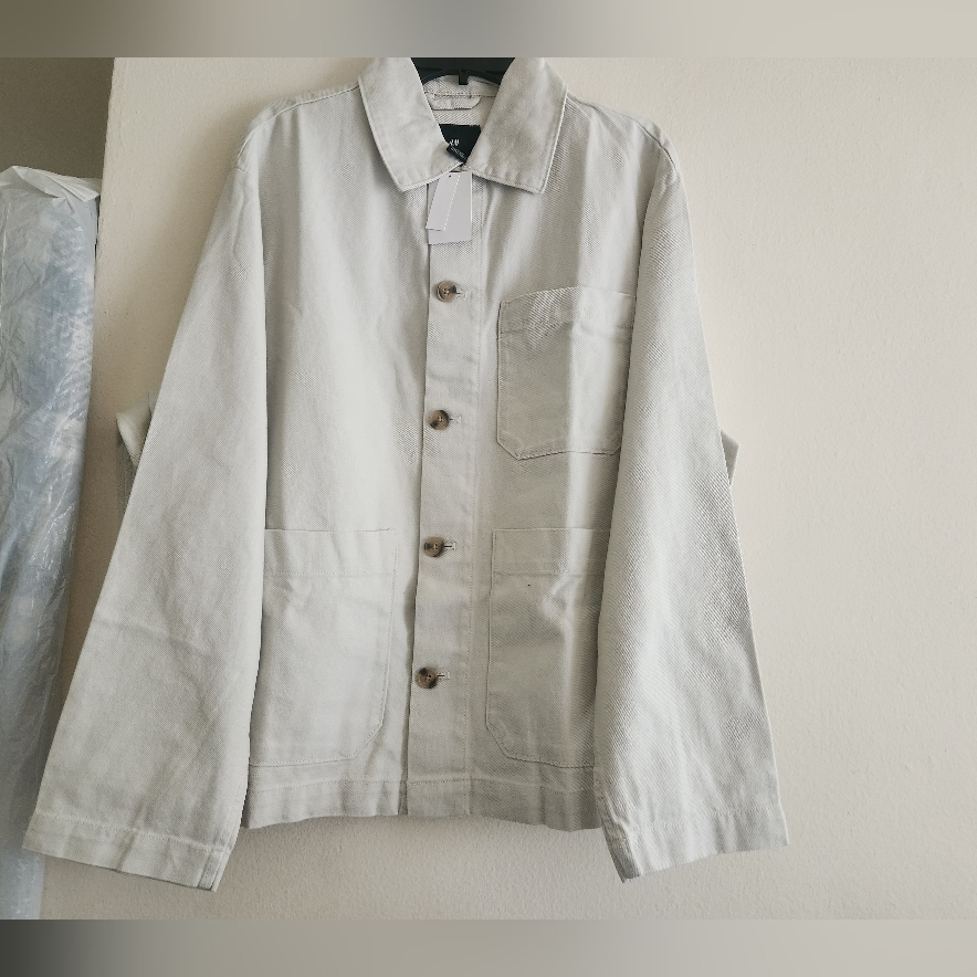 H&M Men's Regular-Fit Twill Shacket Cotton Twill Taupe/Off White Size L Bnwt — image 2 of 8